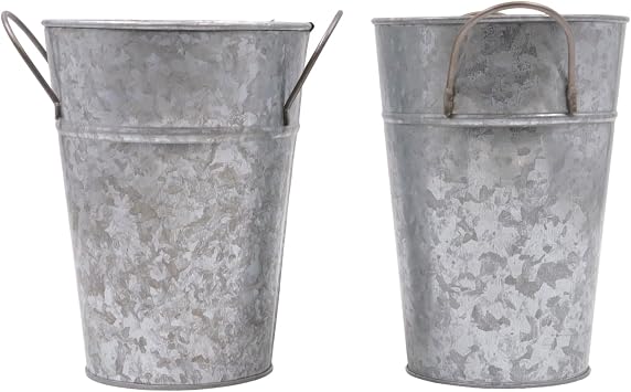 Hosley Set of 2 Galvanized Finish Bucket Vase with PVC Liner 5" Dia x 7" H, Ideal Gift for Floral Arrangements Wedding Home Office Party DIY Indoor Outdoor Garden Patio