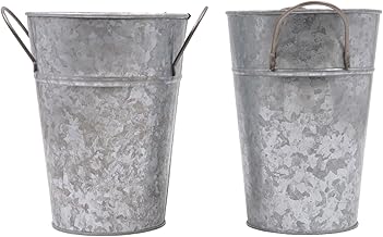 Hosley Set of 2 Galvanized Finish Bucket Vase with PVC Liner 5" Dia x 7" H, Ideal Gift for Floral Arrangements Wedding Home Office Party DIY Indoor Outdoor Garden Patio