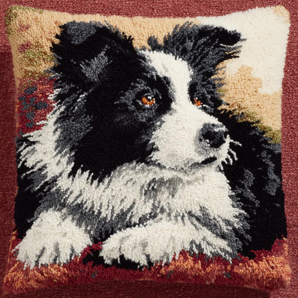 ANSIWEIGO Dog Latch Hook Kit for Kids & Adults – Border Collie – DIY Cushion Cover Set (43x43 cm) – Creative Craft Project for Family Fun – Cute Dog Theme Craft Pillow