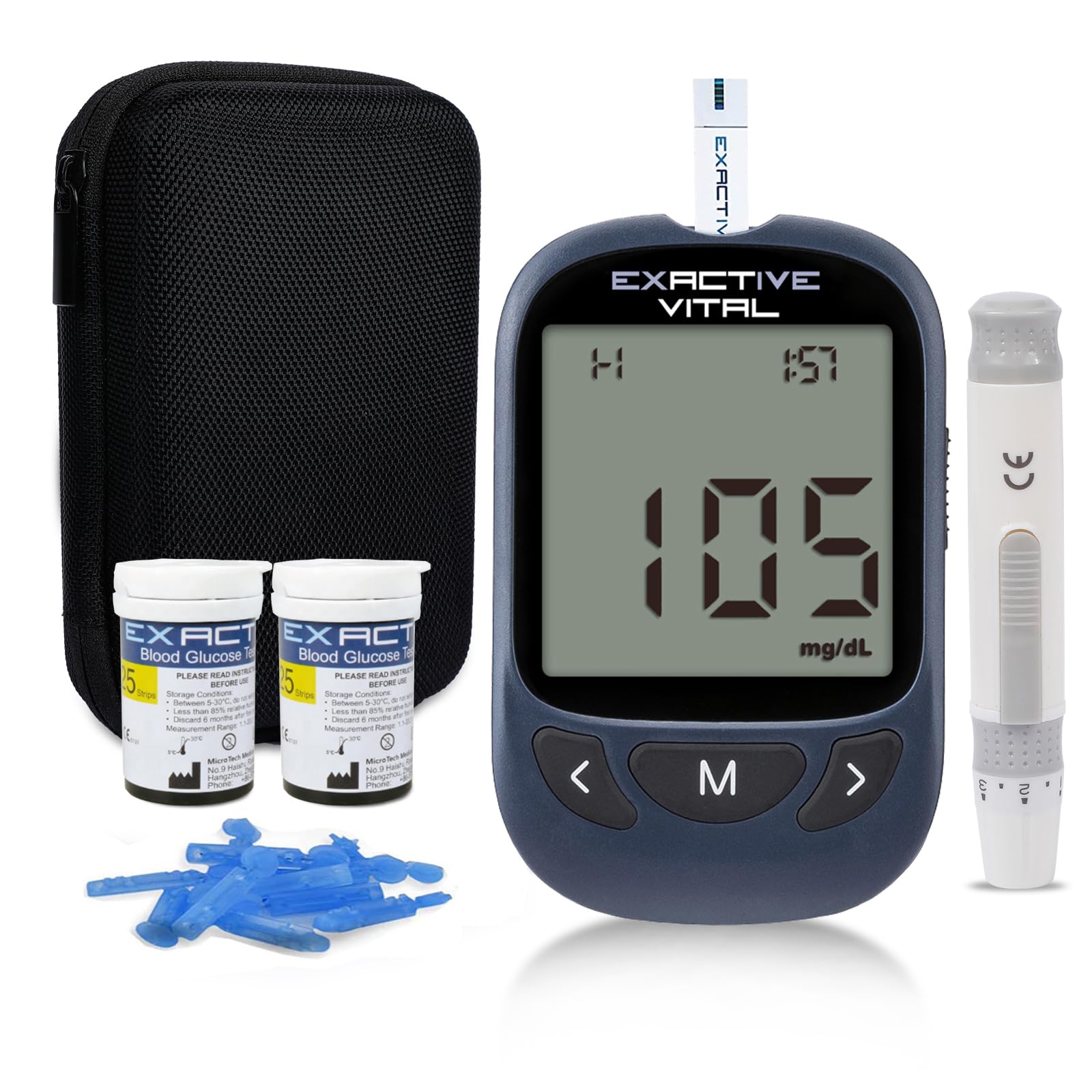 Glucometer, Blood Glucose Meter, Complete Blood Glucose Test Kit, with 50 Test Strips and 50 Lancets for Diabetes Exactive VITAL-mg/dL