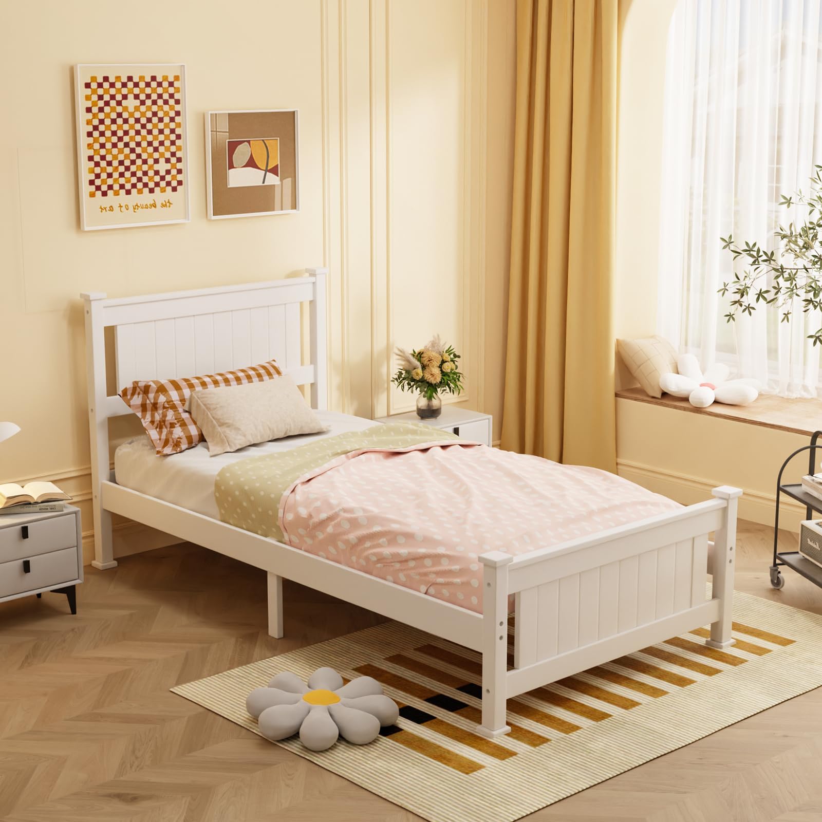 Twin Size Solid Wood Bed with Headboard, Sturdy & Durable Construction,Modern Minimalist Panel Platform Bed with Strong Support for Kids,Adults & Guests,Sleigh Bed,Crisp White