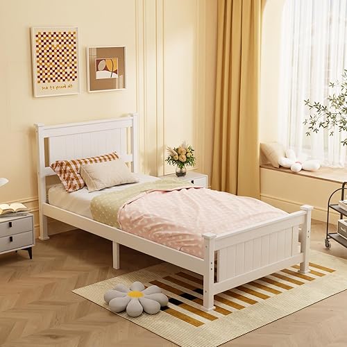 Miniatura 3 de VINGLI Marco de cama individual con plataforma de madera maciza, cama individual con cabecero, no necesita somier, base de colchón con soporte de