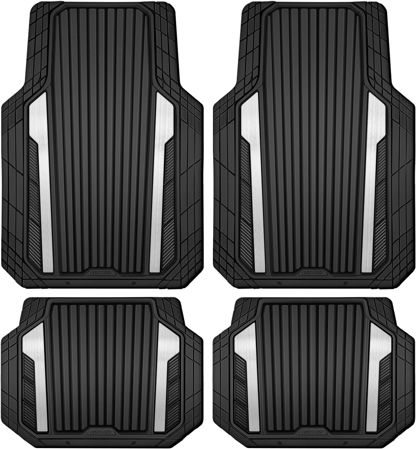  Heavy Duty Rubber  Mats Metallic, Aluminum Film All Weather Floor Mats Waterproof Universal Trim to Fit for SUV Sedan Van 4 Piece Deep Dish Two-Tone Sporty Black Silver Chrome