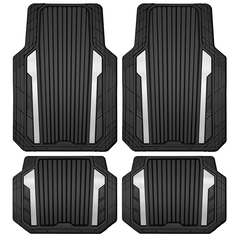 Tapetes automotivos de borracha com acabamento metálico preto e prata CAR PASS, recortáveis, para carros, SUVs, sedãs, caminhões e vans, kit com 4 peças