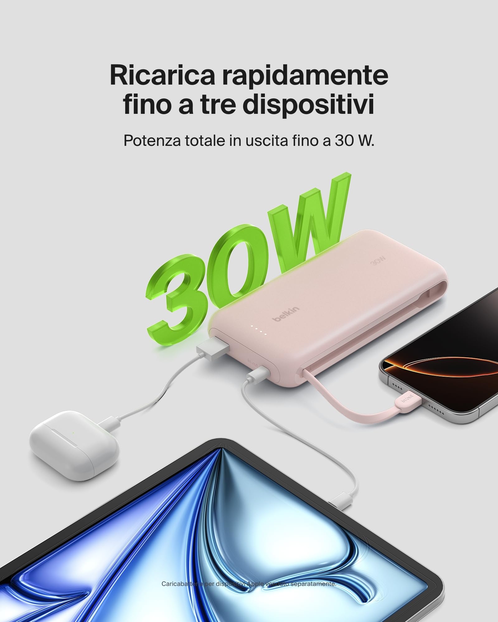 Belkin BoostCharge Power Bank 20000mAh con Cavo USB-C Integrato - Rosa | Caricatore Portatile 20000mAh, Ricarica 3 Dispositivi (1 USB-C, Cavo USB-C, USB-A), 30W, Sicuro per l'Aereo, Pre-Caricato