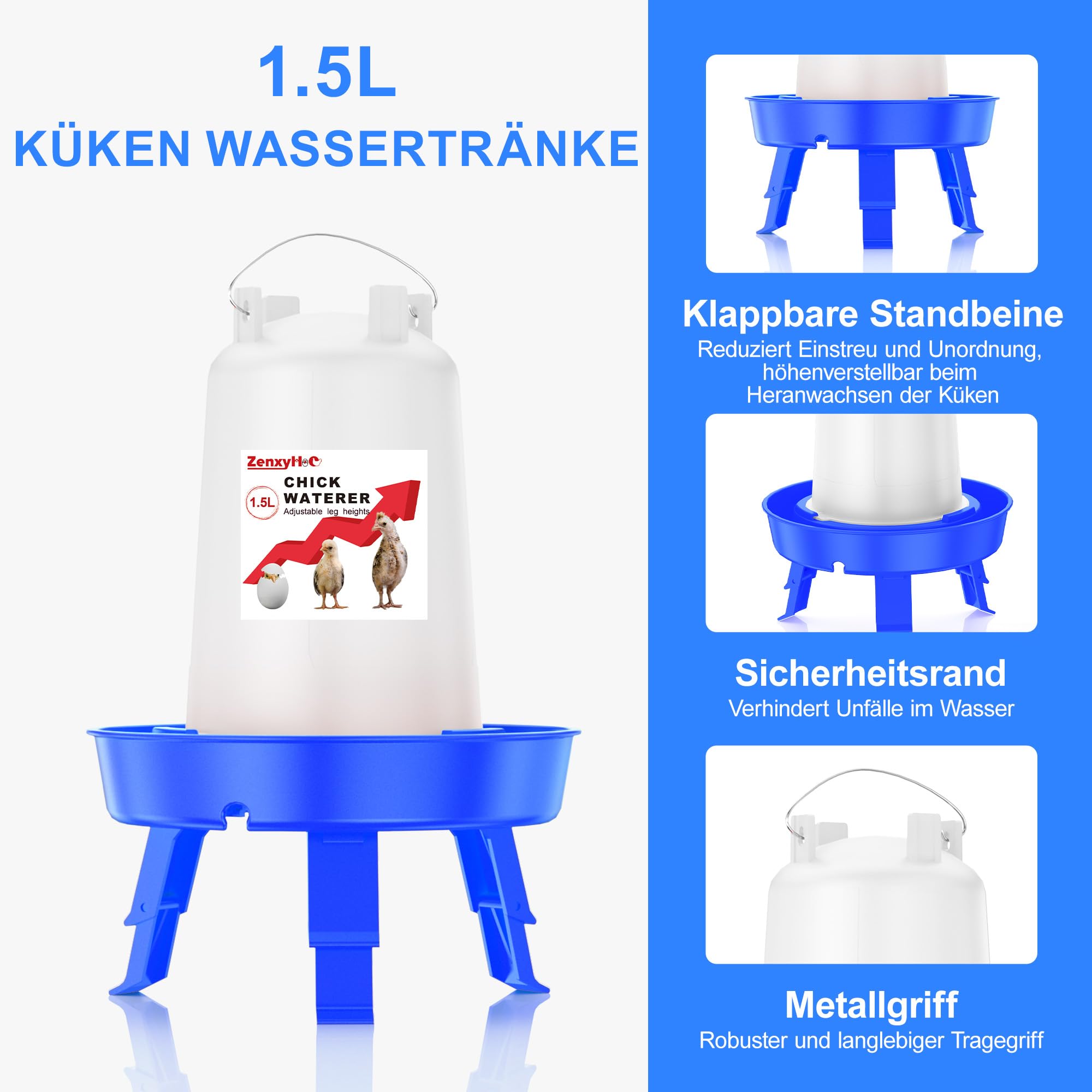 ZenxyHoC Küken Futterautomat und Tränke Set, 1,5 L Hühner Futterautomat und 1,5 L Hühnertränke mit 3 Höhenverstellbaren Höhen für Hühnchen, Blau | Füllung von oben, inklusive Schaufel, 3 verstellbare Höhen, Haken und Anti-Ertrinken-Design. Aus BPA-freiem