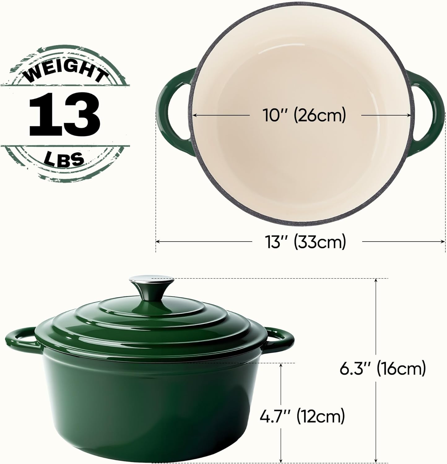 6 Quart Dutch Oven Pot with Lid, Non Stick Enameled Cast Iron Dutch Oven for Bread Baking, Heavy-Duty, Oven Safe Ceramic Cookware Up to 500°F for Baking, Braising, Stews, Roasting, Green - Image 4