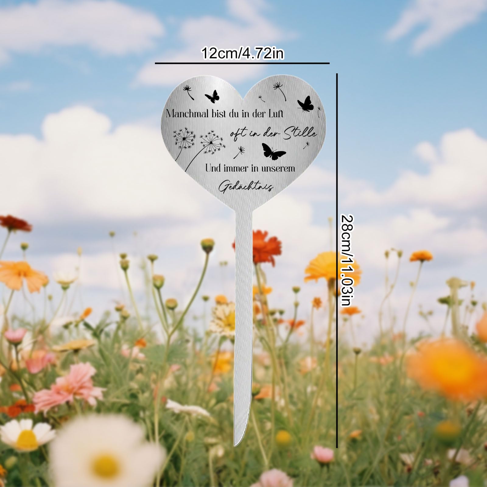 Grabstecker Wetterfest Herz mit Schmetterling und Pusteblume Zeitlose Grabschmuck aus Langlebigem Metall