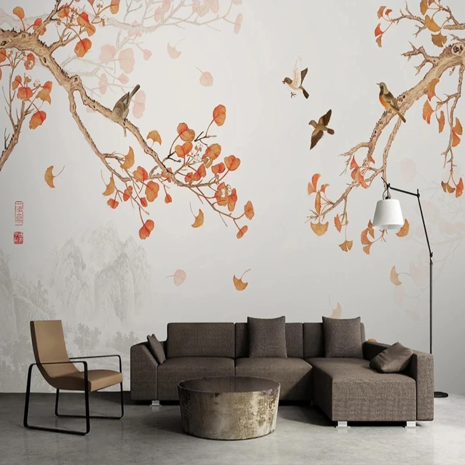 Décoration de salon avec ce papier peint 3D oiseaux et fleurs