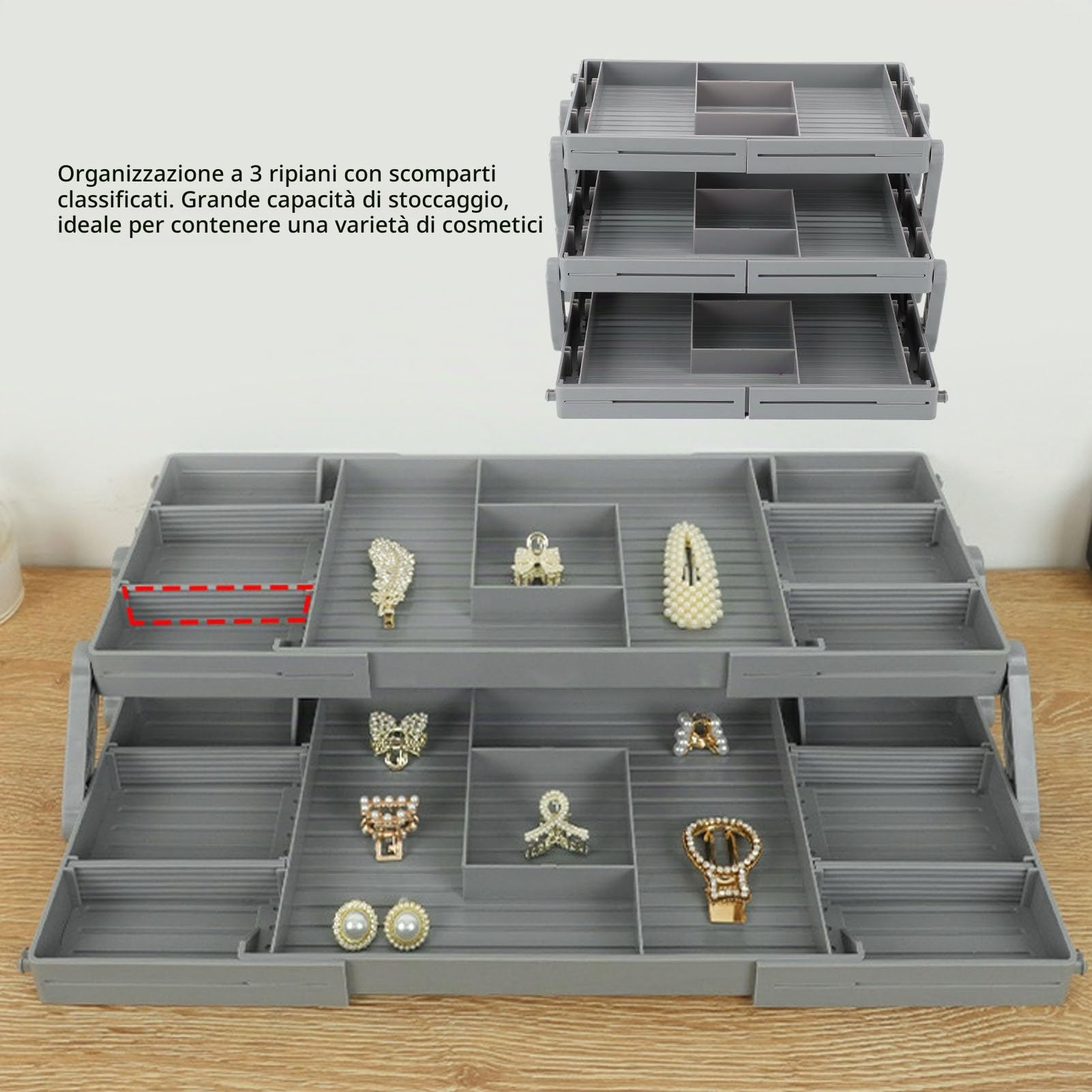Organizer per Cassetti a 3 Livelli, Contenitore Intelligente Pieghevole Regolabile a più Livelli con File Rinforzate per Trucco, Gioielli, Cosmetici, Ufficio, Cucina
