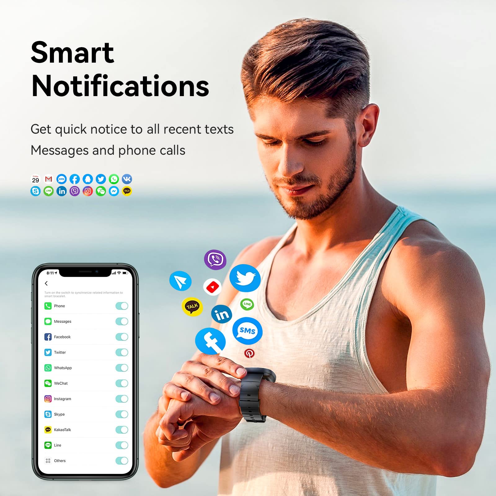 Mingdaln Smart Watch displaying various smart notification icons from social media and messaging apps