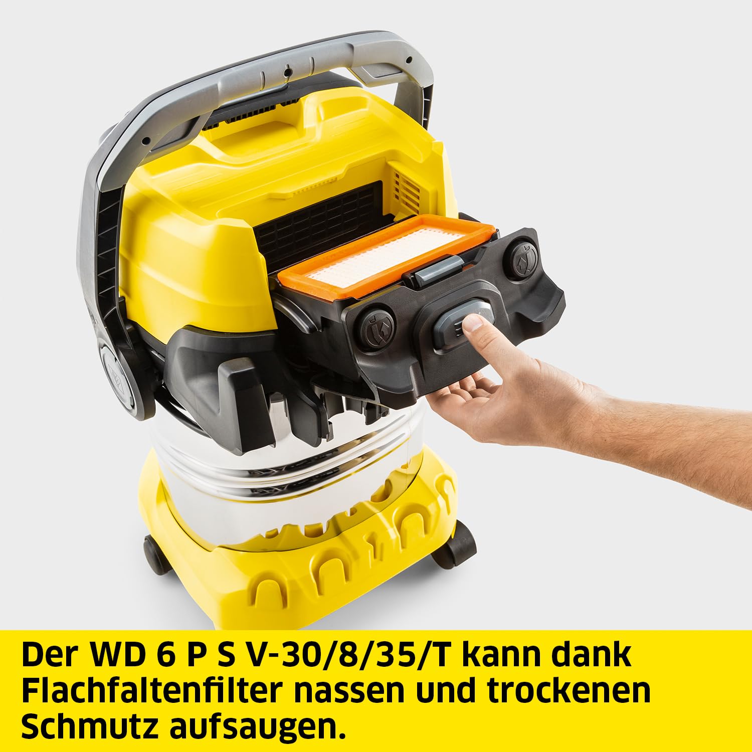 Kärcher Nass-/Trockensauger WD 6 P S V-30/8/35/T, mit extra langem 8 m Kabel & 3,5 m Saugschlauch für maximale Reichweite, inkl. Steckdose, Flachfaltenfilter, Filterbox, 1.300 W, 30l Edelstahlbehälter
