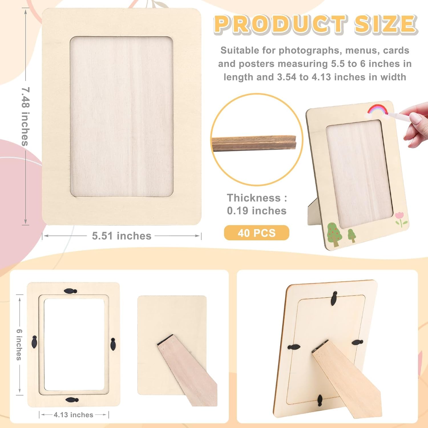 40 Pack DIY Wooden Picture Frames Bulk 4 x 6 inch Unfinished Solid Wood Standing Picture Frames with Stickers & Watercolor Pens DIY Crafts Wood for Painting DIY Decorate Art Birthday Party Gift