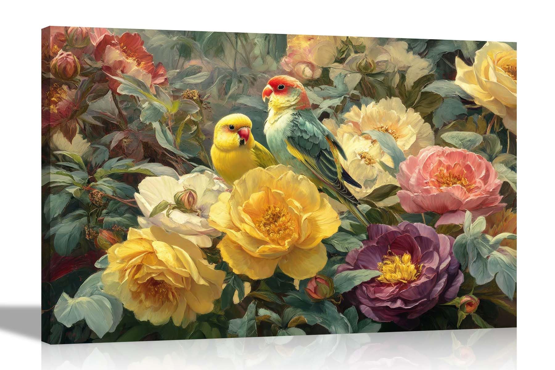 Artley Prints - Colourful Blooming Flowers and Parrots Canvas Wall Pictures Bedroom Living Room Home Decor Hallway Art Prints 60 x 40cm (24 x 16 inches) A2