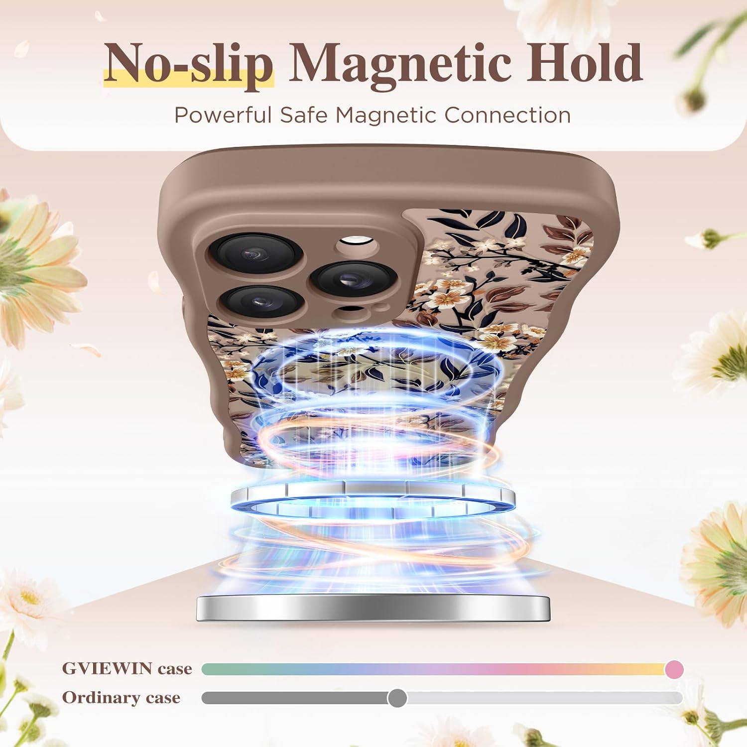  for iPhone 14 Pro Case Compatible with MagSafe Curly Wave Edge | Full Camera Protection, Floral Translucent, Shockproof Magnetic, Women Phone Case for 14 Pro, Bunchflower/Brown thumbnail