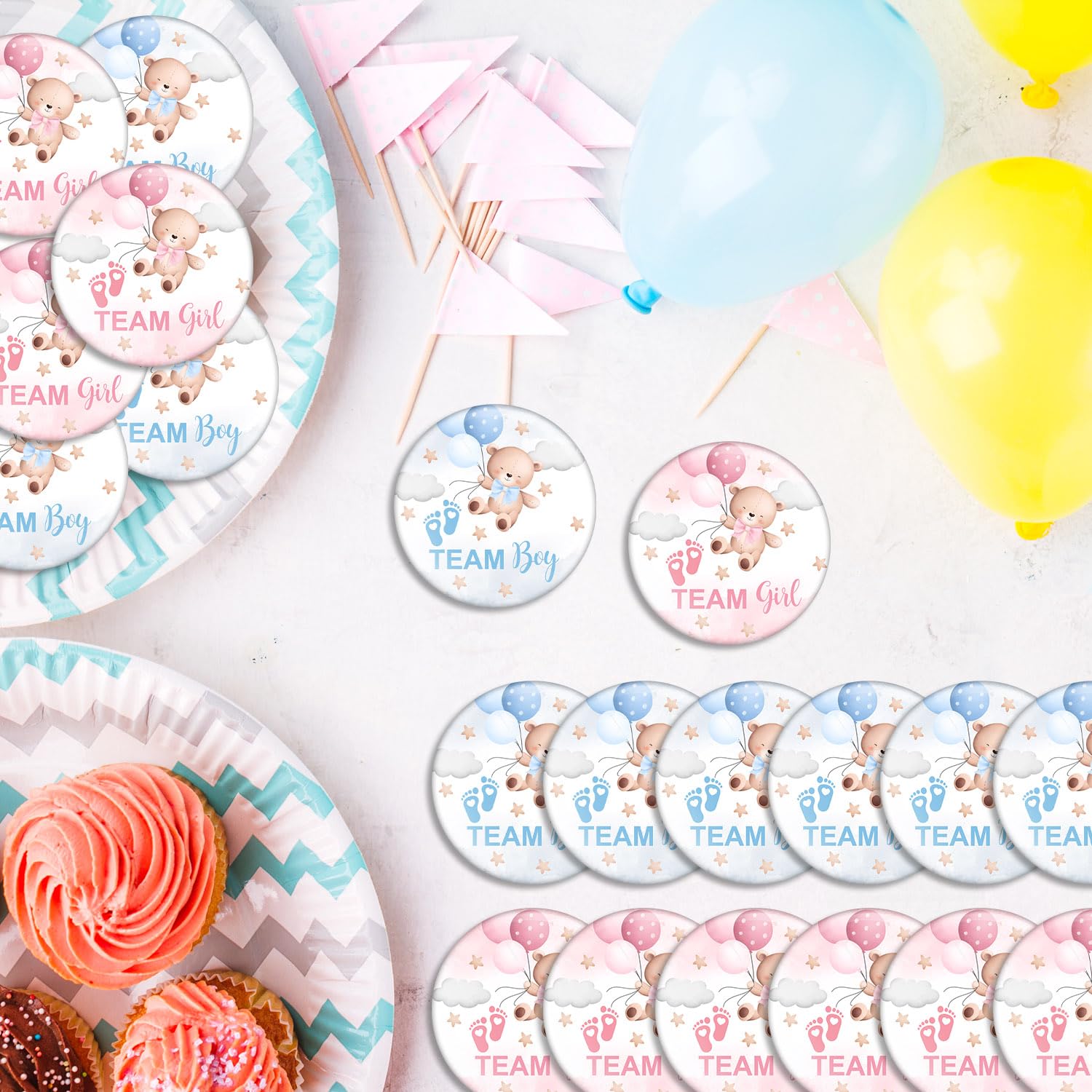 Przyciski ujawniające płeć na baby shower, przypinki drużynowe do ujawnienia płci, przypinki do gier dla gości, przypinki na imprezę dla dzieci, przypinki do gier imprezowych, 30 szt. 30 szt. 3,5 cala
