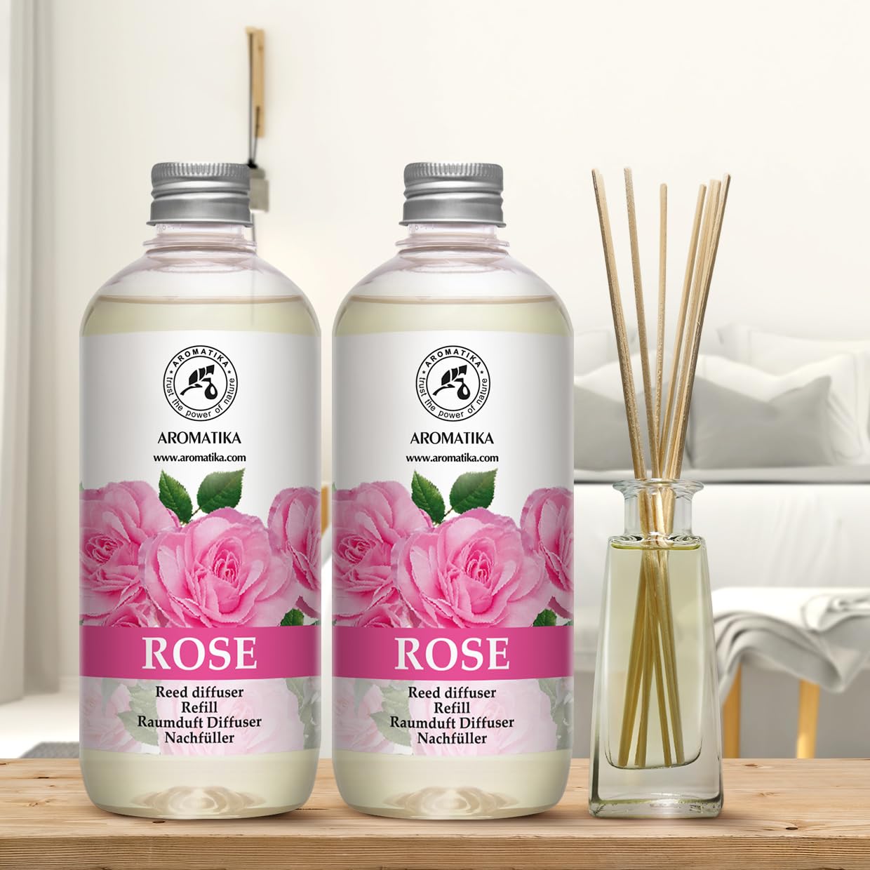 Recambio para Difusor de Varillas Aroma Rosa – 2 x 500 ml – Fragancia Ambiental para Hogar, Oficina, Salón y Baño – Líquido para Difusores