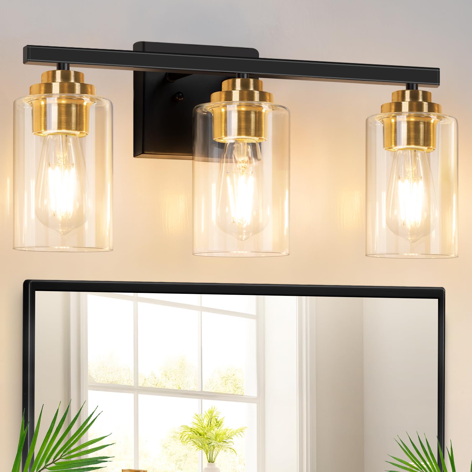Photo 1 of 3-Light Bathroom Light Fixtures, 19" Modern Vanity Lights Over Mirror with Clear Glass Shades, Black & Gold Light Fixture, Classic Wall Light Fixture for Mirror Living Room Cabinet Bedroom Porch