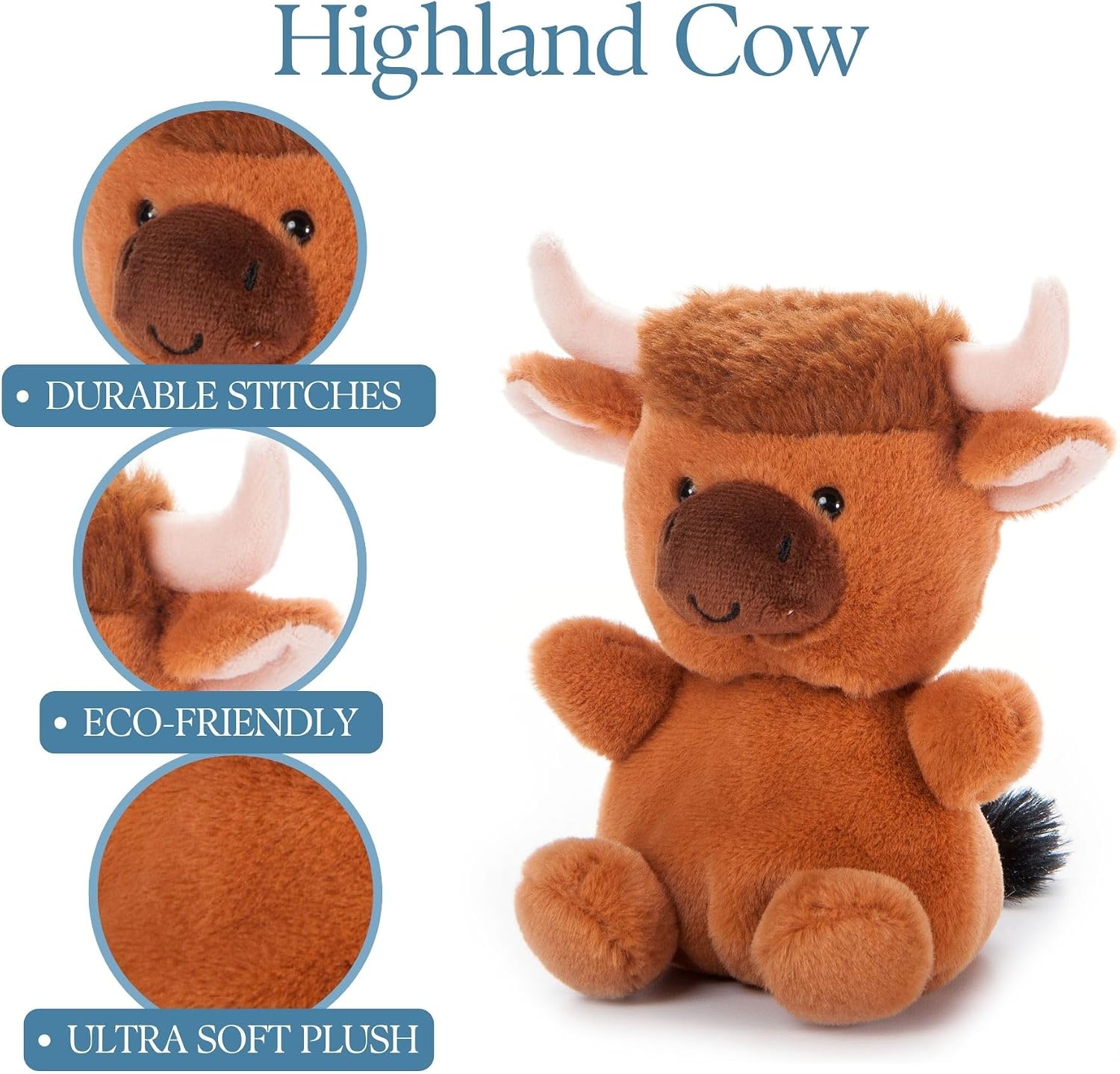 The Petting Zoo Highland Cow Stuffed Animal Plushie, Gifts for Kids, Nuggetz Farmyard Animals, Brown Highland Cow Plush Toy, 6 inches