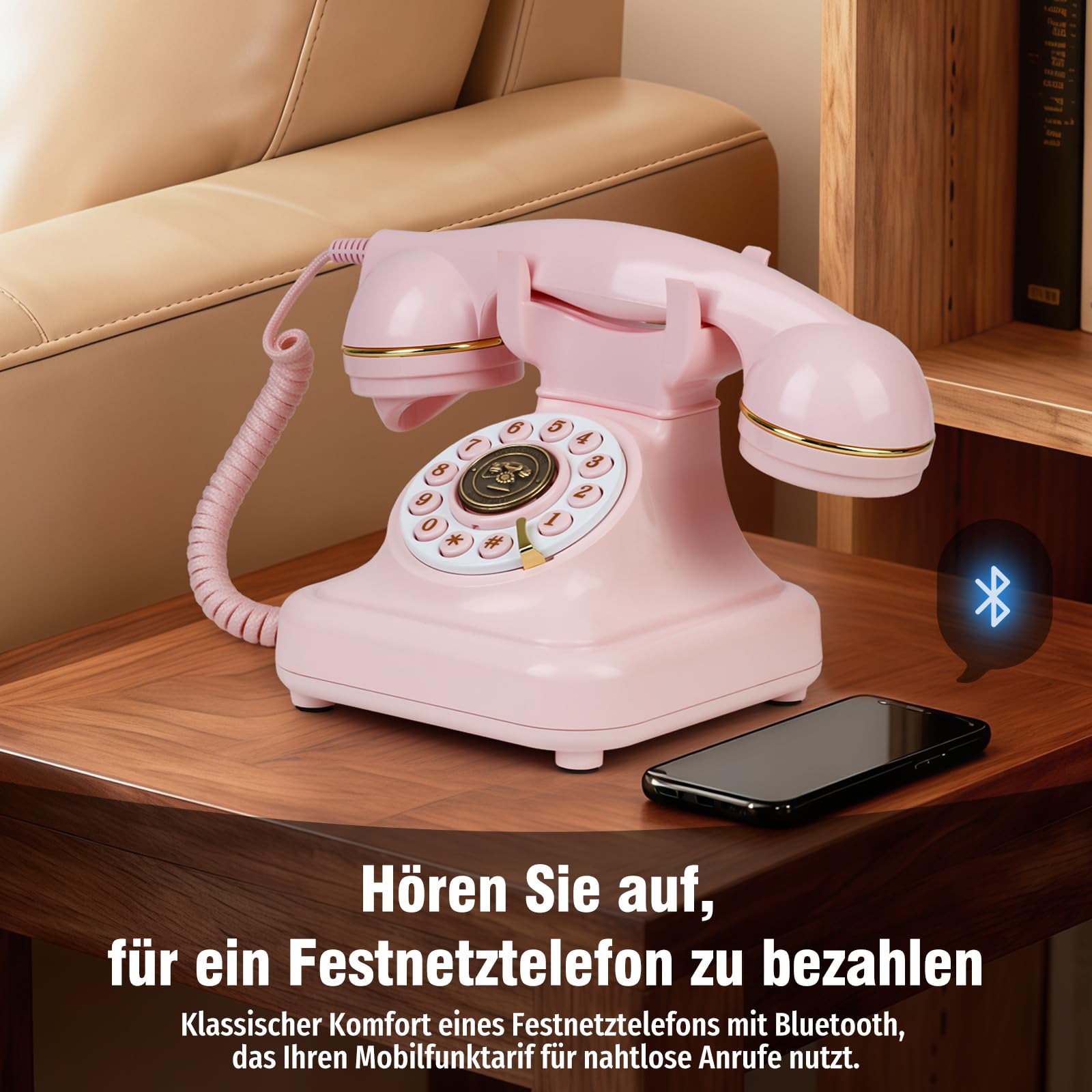 Bluetooth Retro Telefon mit Sprachassistent – Bluetooth Festnetztelefon & Handy‑Verbindung für Android & iOS, Drahtloses Retro Home Phone mit Freisprecher, Lautstärkeregelung & USB‑Akku,Rosa