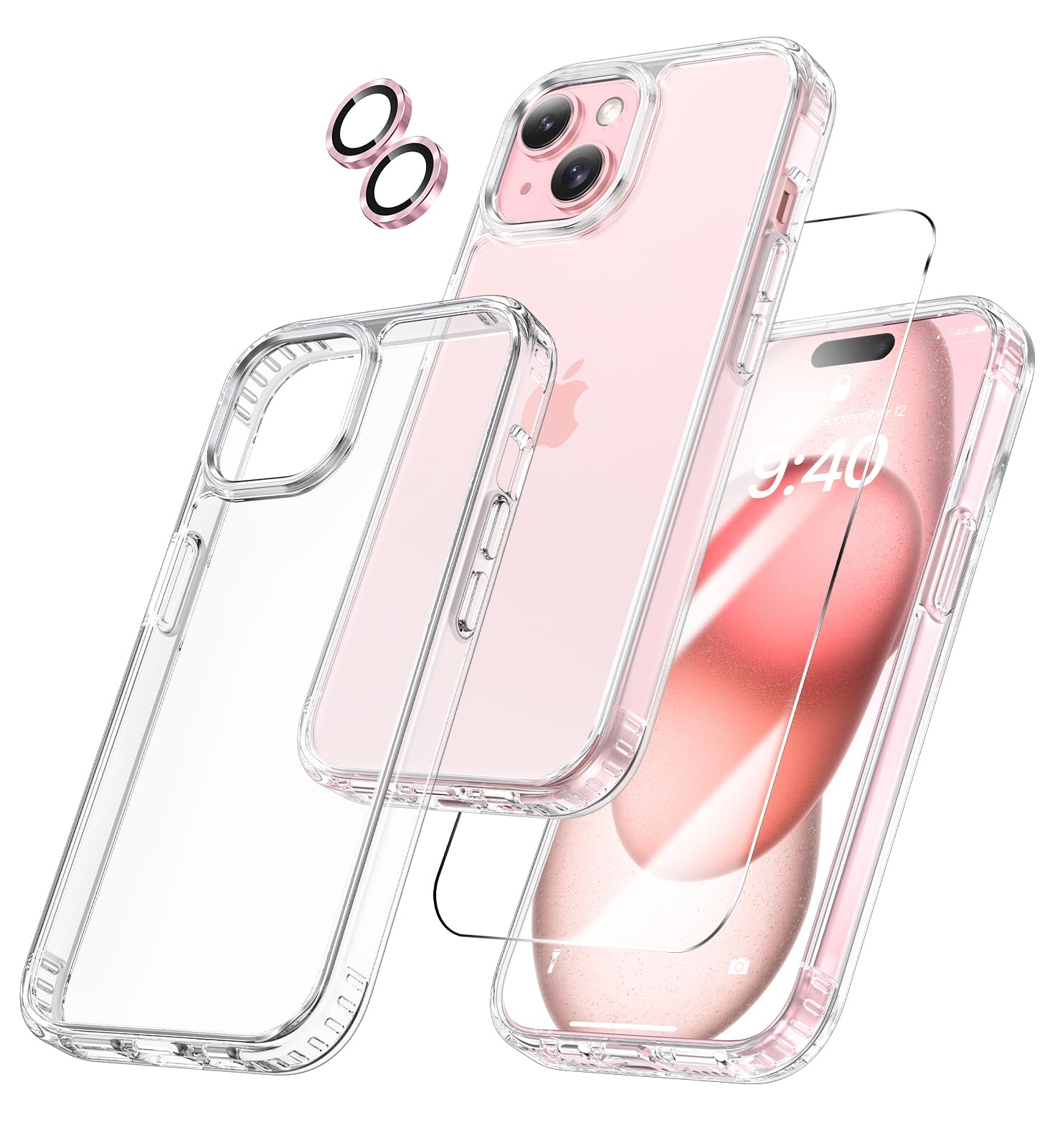 Maxdarafor iPhone 15 Case, iPhone 15 Clear Case Non-Yellowing with 1 Pack Tempered Glass Screen Protector + Camera Lens Protector Drop Protection Case for iPhone 15 (Clear+Pink)
