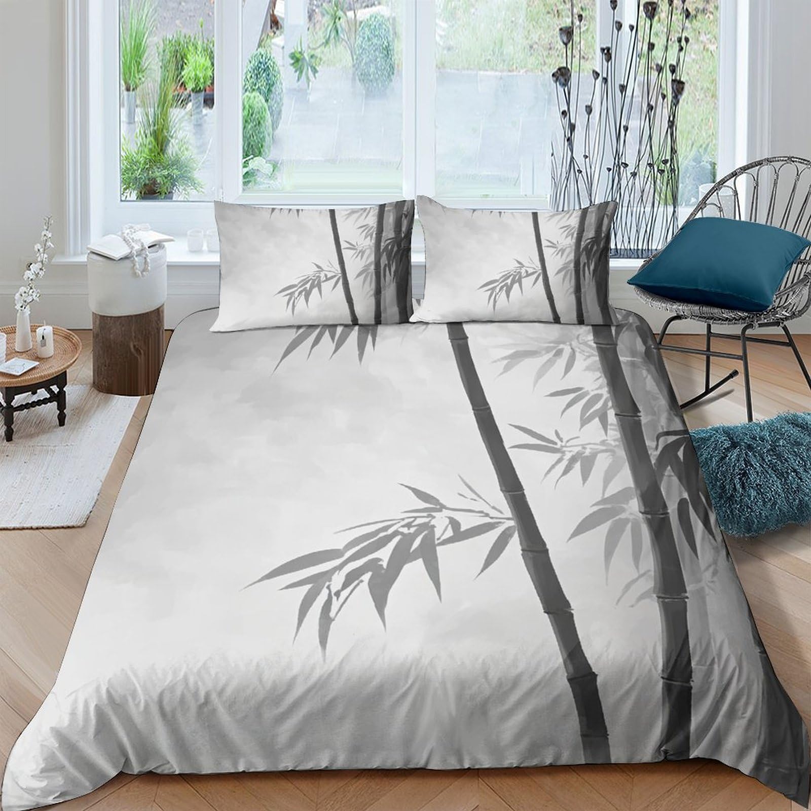 Ctjqhvkz Style-2 3D Printed Bamboo Forest Fitted Sheet Microfiber Soft Grey Black Zen Art Mattress Cover Bedroom Decor Protection Single（135X200cm）
