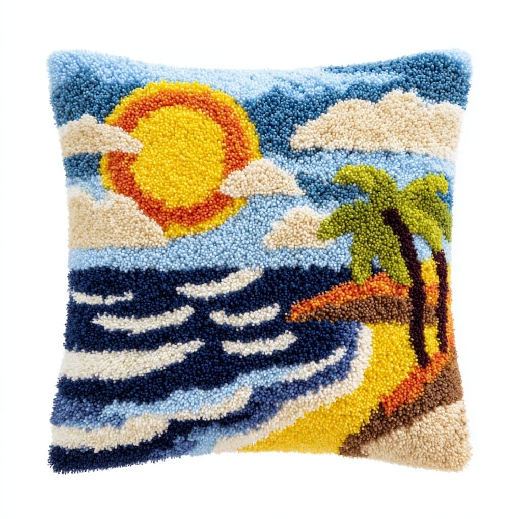 WallustrioaW Latch Hook Pillow Kits Pillow Cover,Coconut Trees by the sea,Pattern Printed Cross Stich Hooking Pillowcase Cushion Crafts Embroidery Home Decor Kits,17x17in