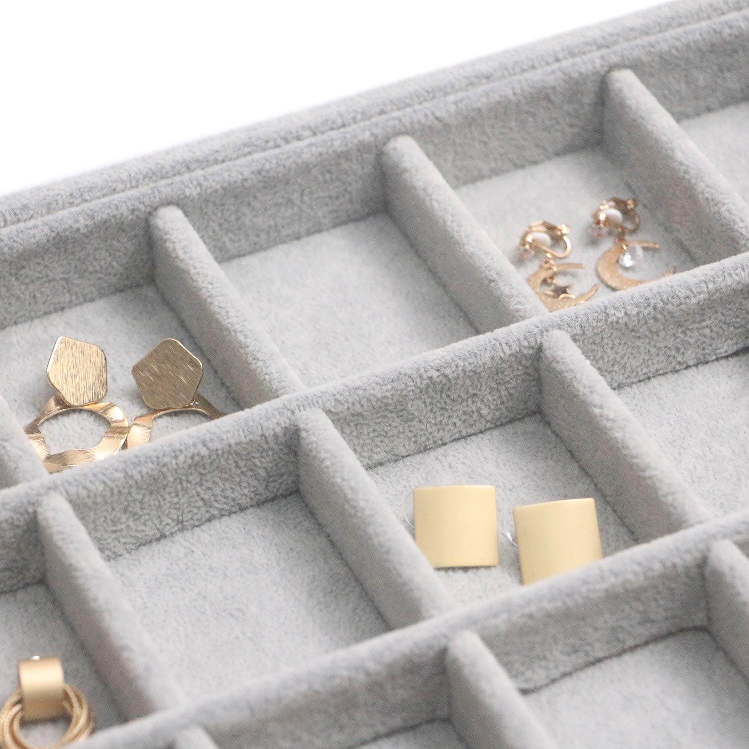 DIOMMELL Set di 5 vassoi impilabili in velluto per gioielli, espositori, vetrine, cassettiere, organizer per anelli, orecchini, bracciali, collane, accessori, colore: grigio