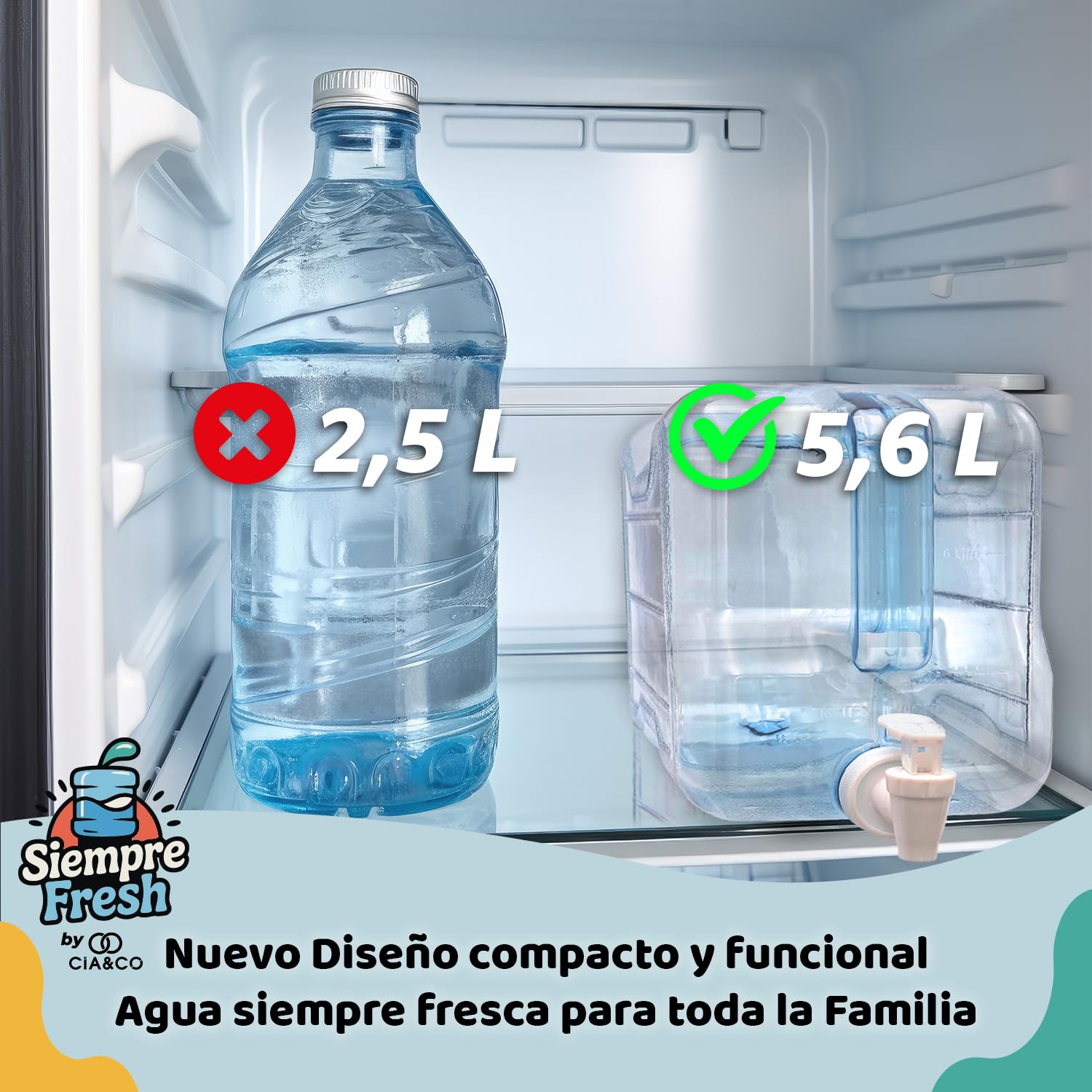 Cia&Co Distributeur d'eau froide pour réfrigérateur 5,6 l Bidon compact 33,5 x 21 x 12,5 cm