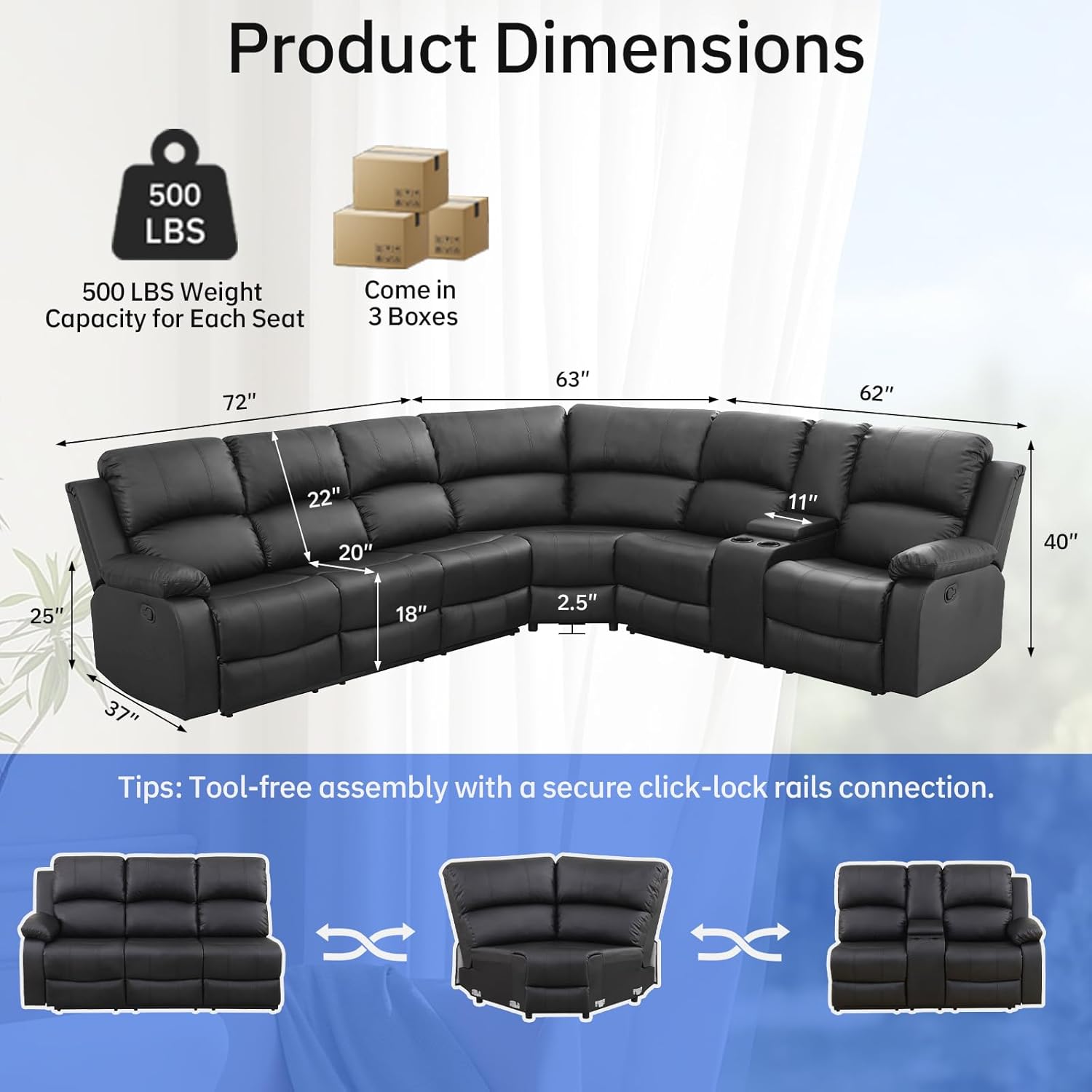 Manual Reclining Sectional Sofa Set, Leather Recliner Couches with Storage & Convertible Table, Living Room Furniture Sets with Multiple Combination for Home (Sectional, Black)