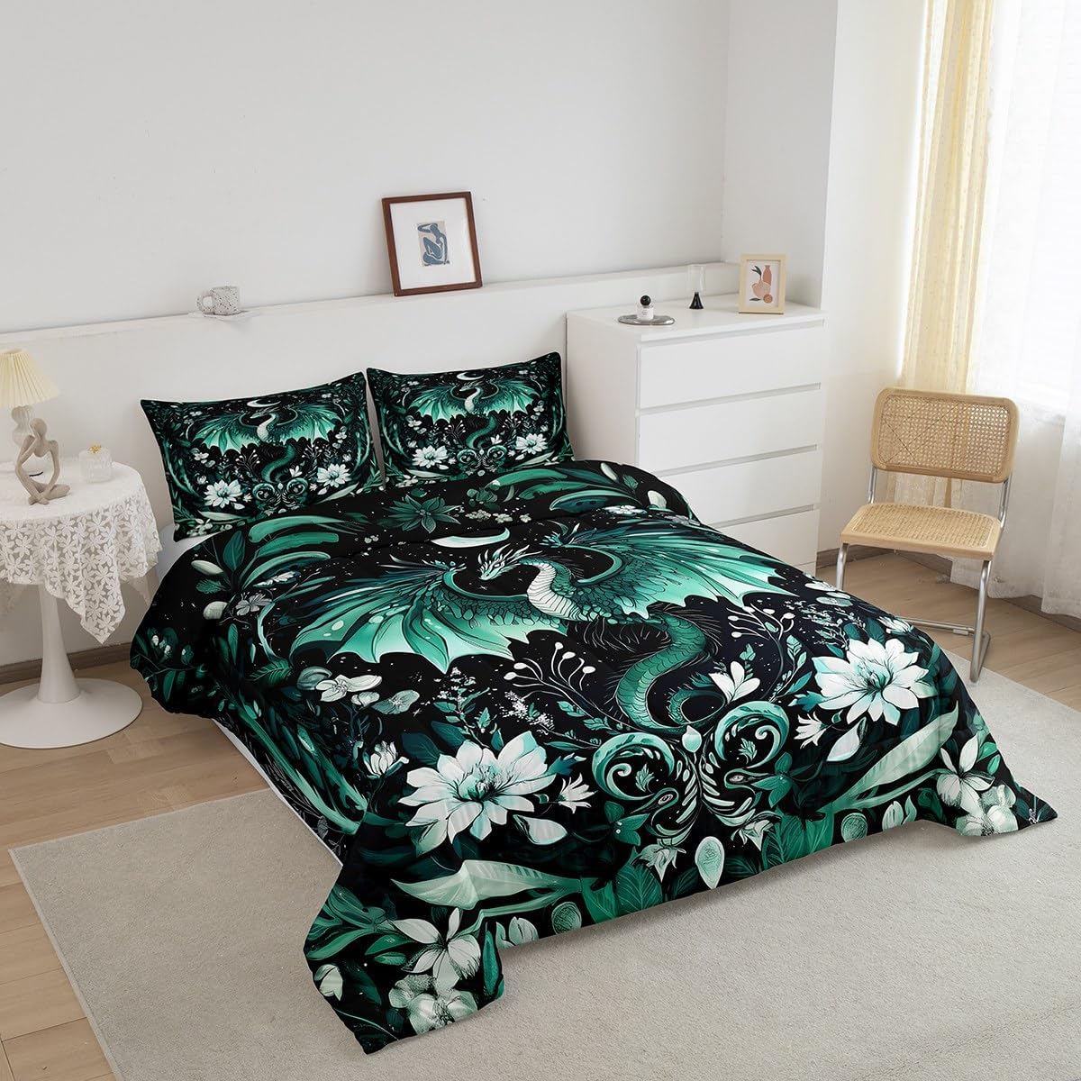 Feelyou Kids Dragon Comforter Set Full Size, Green Dragon Bedding Set Dragon Lovers Comforter for Kids Boys Girls Boho Duvet Insert Room Decor 3Pcs image 3