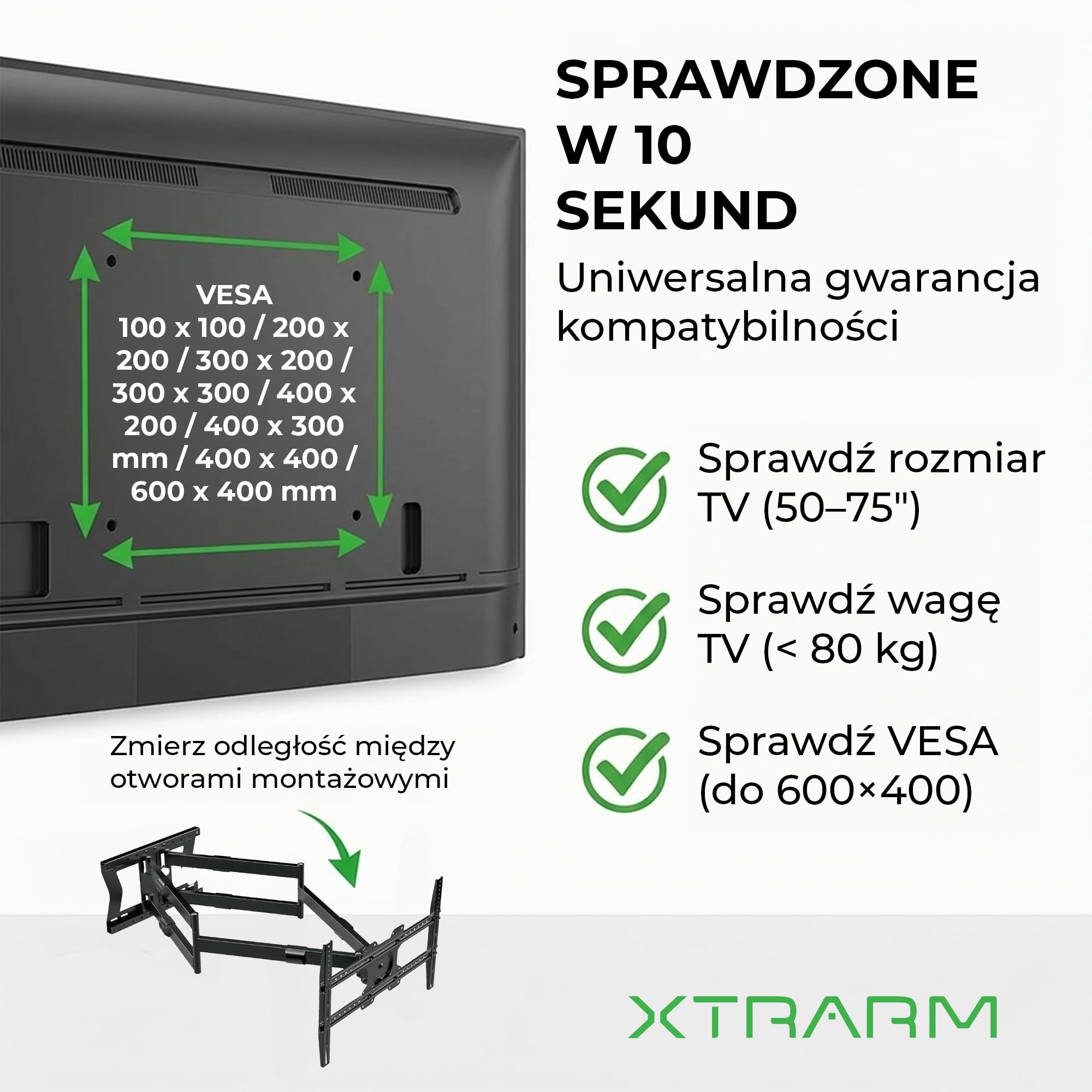 TiTon Double 100 cm Uchwyt ścienny do telewizora, obrotowy, uchylny 80kg, VESA max.600 czarny