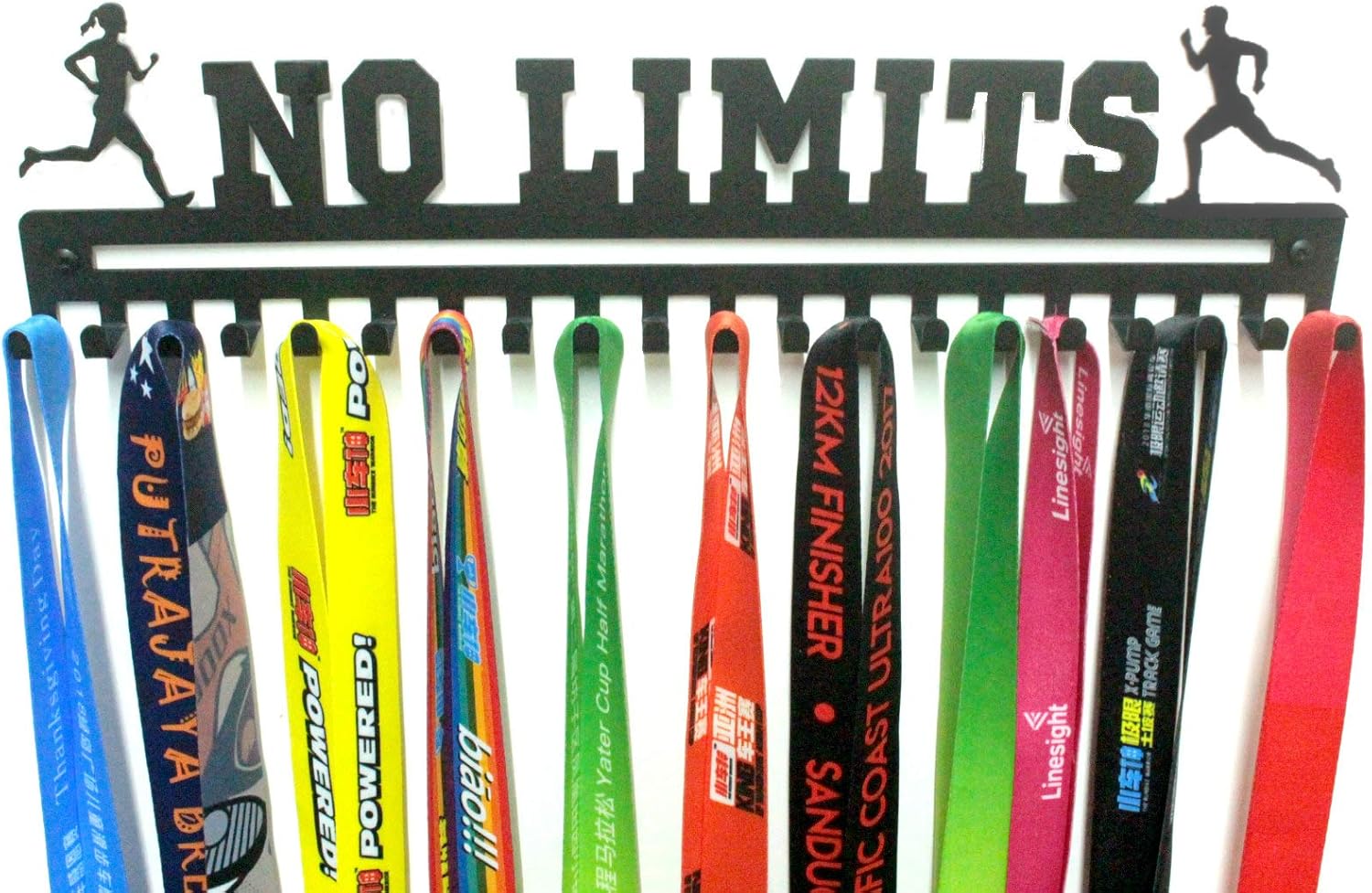Metal Wall Mount 'No Limits' Sports Motivational Kids & Adults Running Medal Display Hanger , Ribbon Holder Rack with 20 Easy Hang Hooks, Medal Holder Wall Decor, Great Gift for Runners, Black