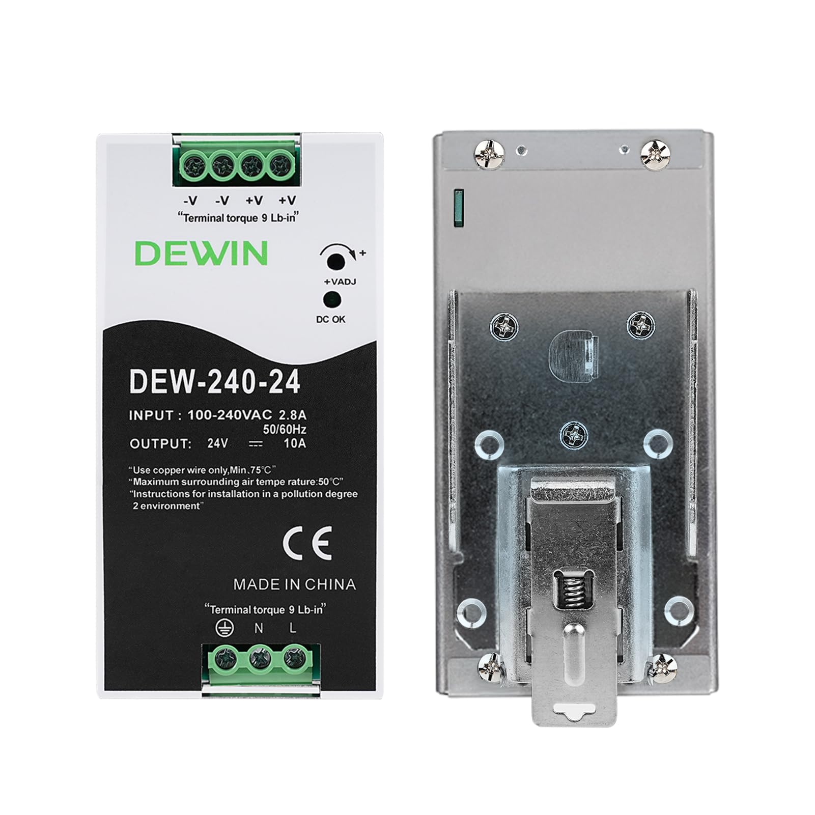 240W Fuente de alimentación Carril DIN 24V, Fuente de alimentación conmutada industrial tTransformador para carril DIN Entrada de CA100-240V 2,8A, Salida de CC 24V 10A