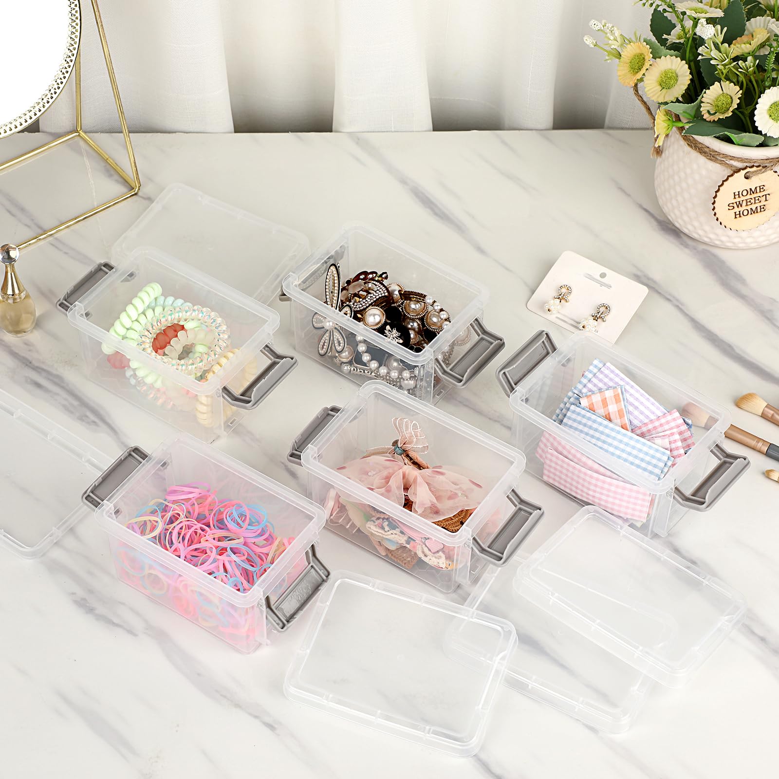 BSTKEY Lot de 10 petites boîtes de rangement empilables en plastique transparent avec couvercles pour bijoux, perles, loisirs créatifs