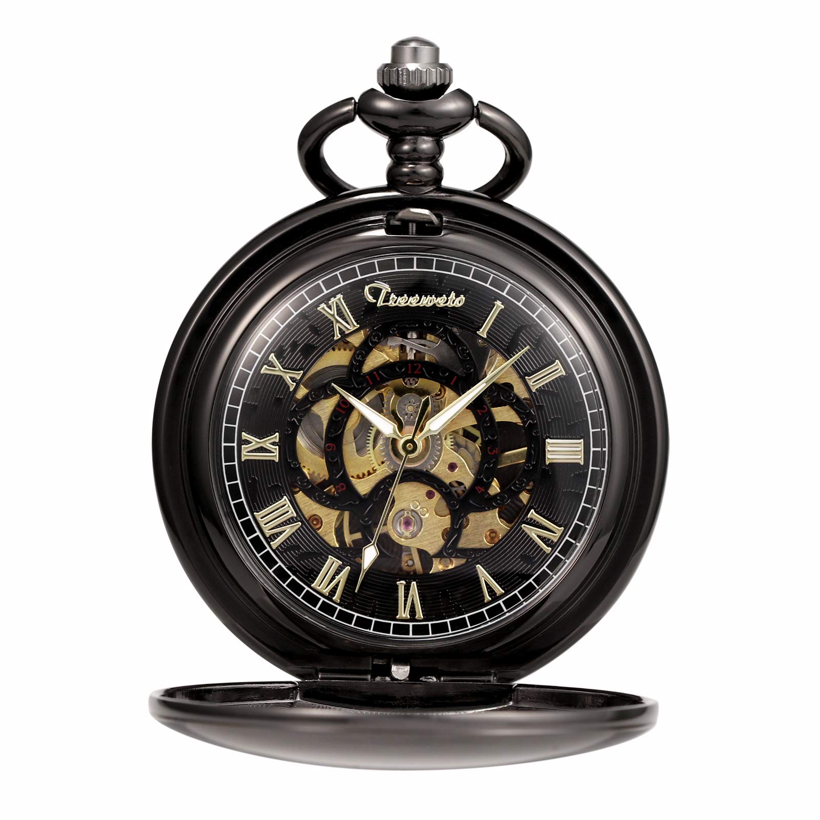 TREEWETO Orologio da tasca unisex, con catena, analogico, a carica manuale, con doppia cerniera, cifre stile antico romano, con incisioni, nero