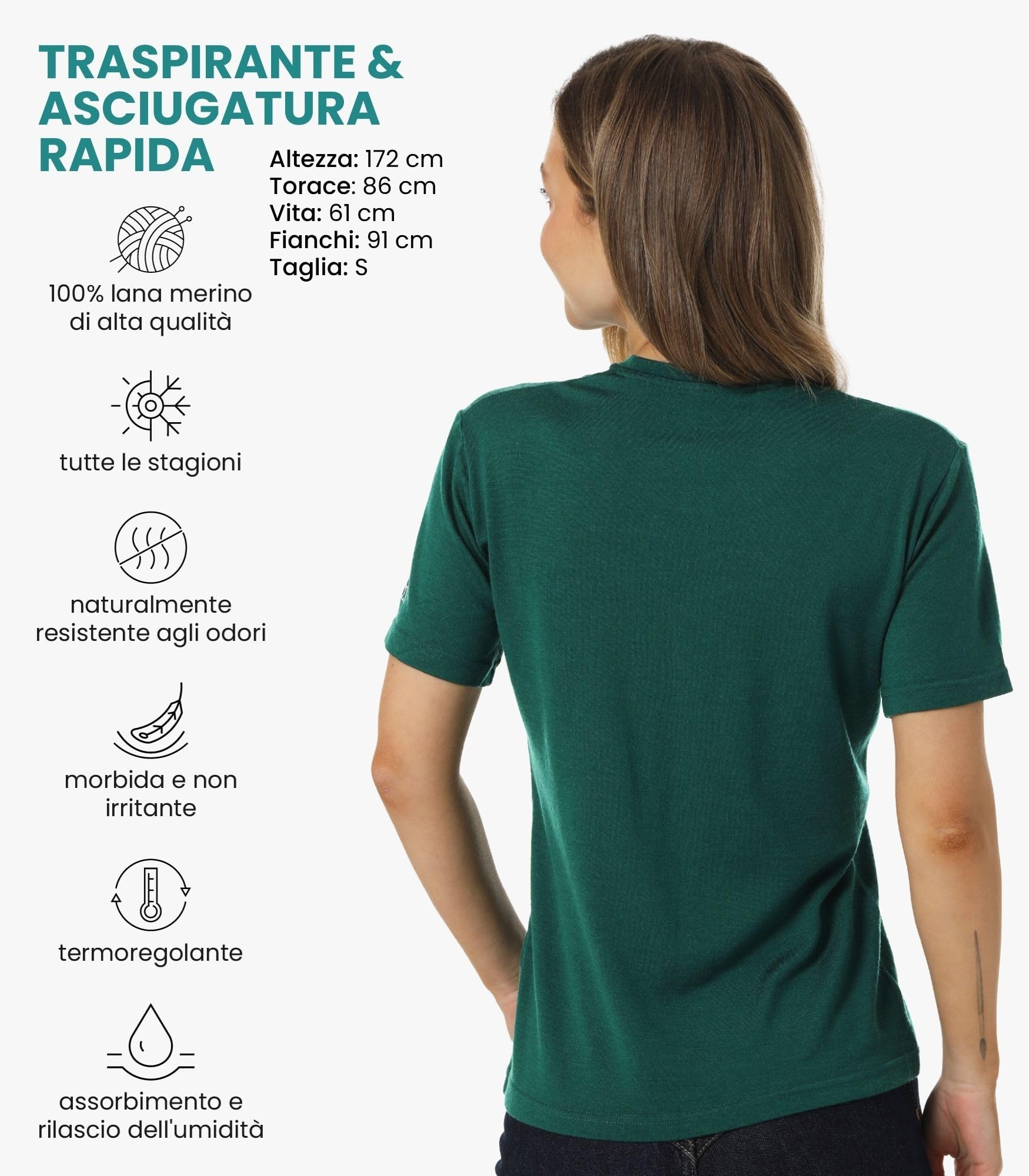 Merino.tech Maglietta Donna Lana Merino Manica Corta Intimo Sportivo (X-Large, Rainforest Green Crewneck)