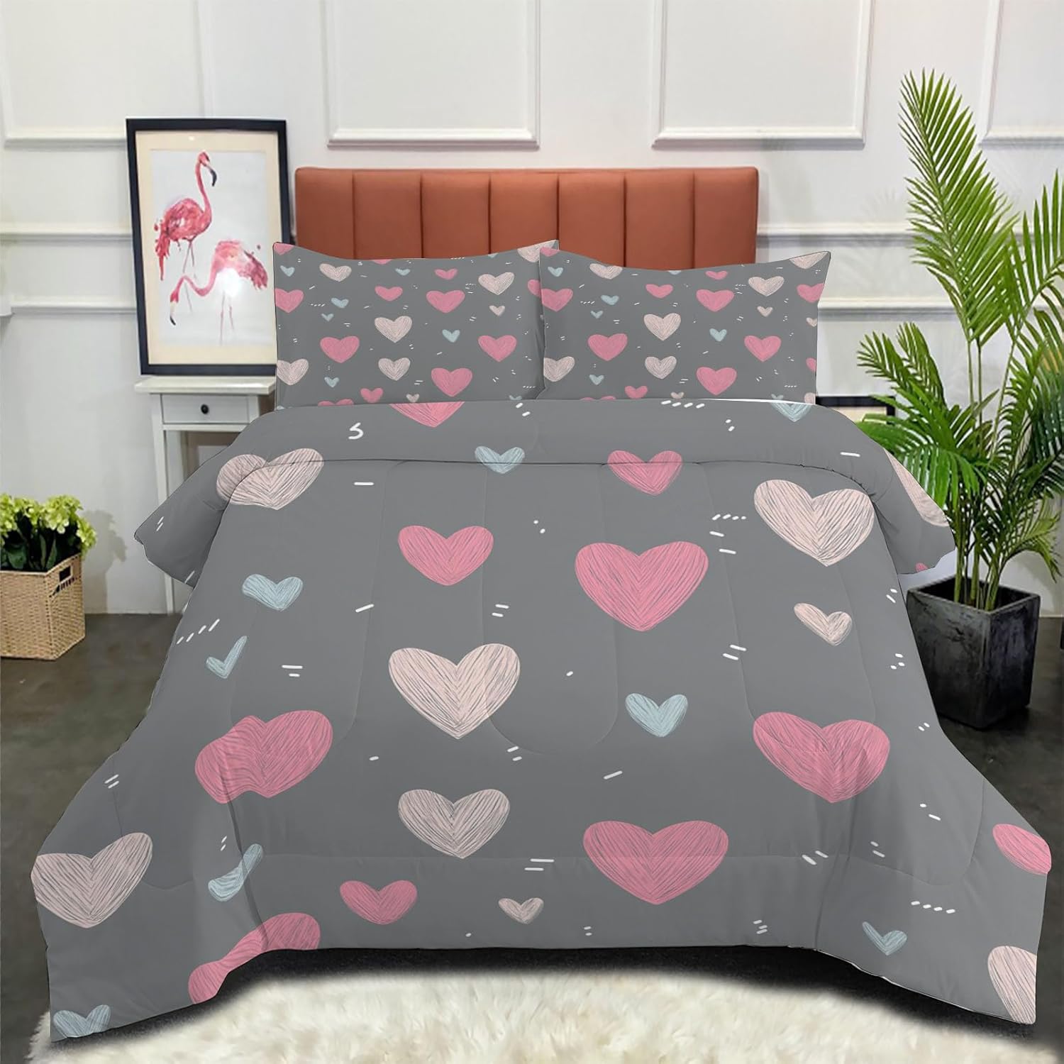 All Season Full Size Quilted Cute Love Heart Down Alternative Children's Illustrations Comforter Reversible Duvet Insert with Pillow Shams Winter Warm Fluffy, Charcoal Gray