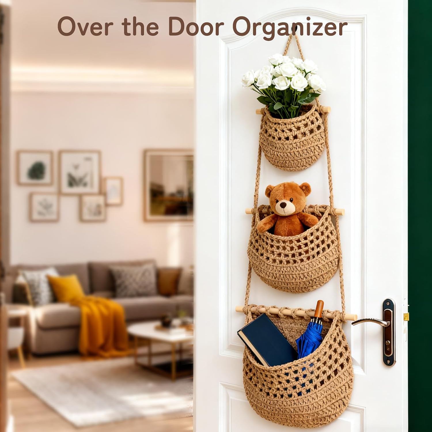 3 Tier Boho Cotton Woven Hanging Fruit Basket, Wall Hanging & Over the Door Vegetable Fruit Storage Basket, Decorative Wall Mounted Organizer Basket for Kitchen Bedroom Bathroom Home Decor