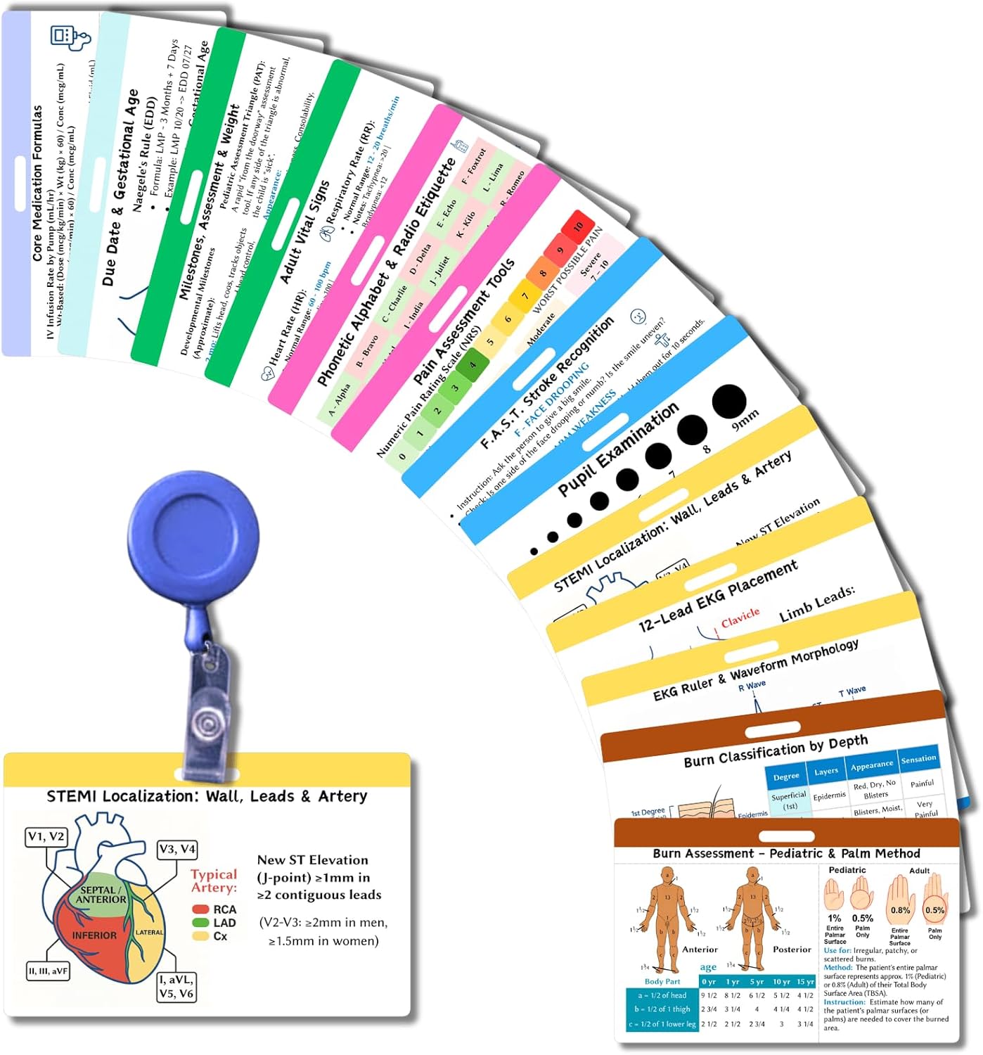 EMT Badge Cards Set of 13 Double-Sided, EMT Accessories Quick Reference Pocket Guide for NREMT Exam Prep, Paramedic Flashcards EMS Badge Reel Reference Cards, Waterproof PVC 5 Color-Coded Modules