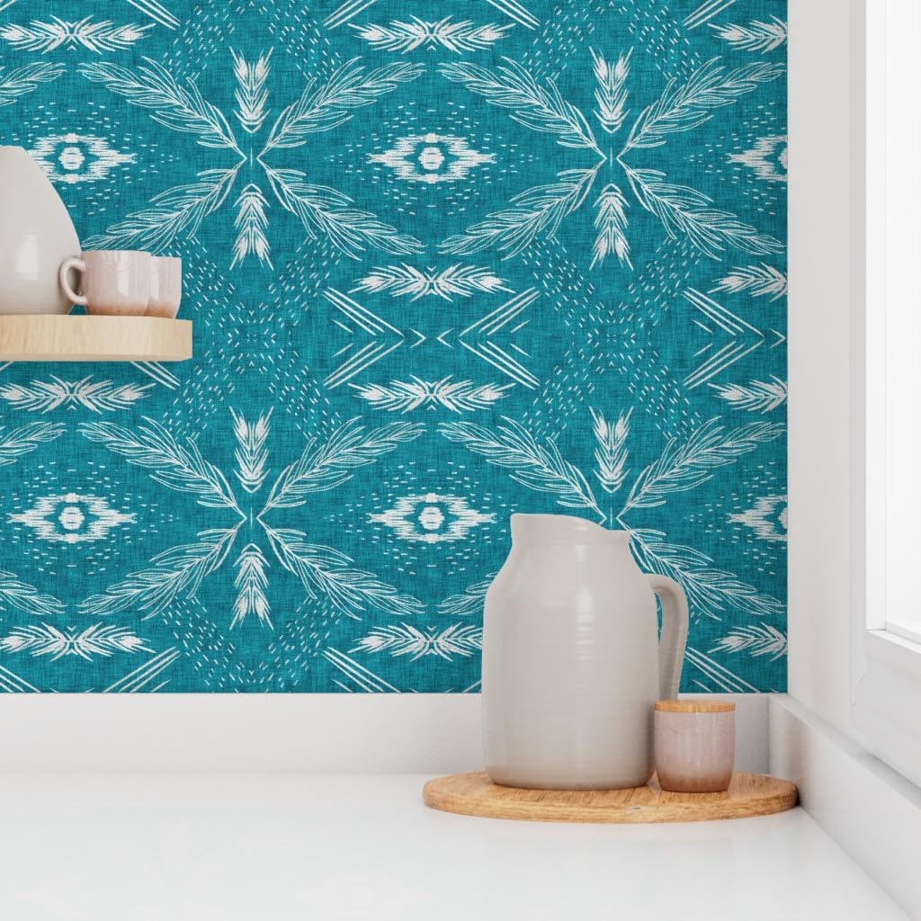 Peel & Stick Wallpaper 6ft x 2ft - Geo Teal Jungle Leaf Palm Boho Ikat Blue White Bohemian Custom Removable Wallpaper by Spoonflower