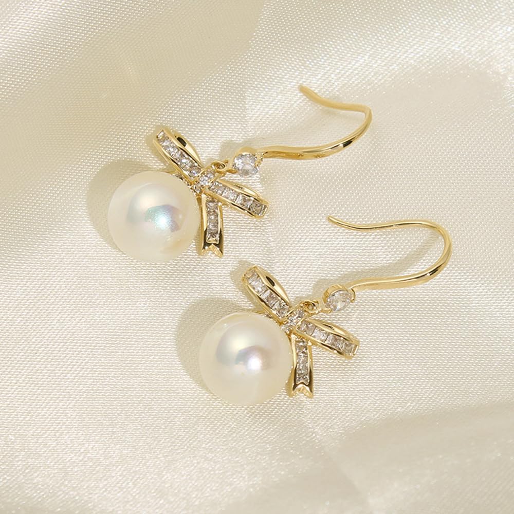 MIKAMU 14K Gold Ribbon Bow Stud Earrings for Women CZ cubic zirconia Gold Plated Dainty Pearl Earring for Women Jewelry (gold) - Image 4