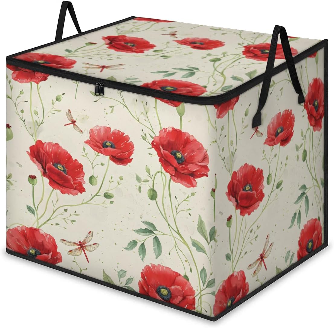 Honeybaby 214L Extra Large Comforter Storage Bag Poppy Flower Dragonfly Storage Totes with Lids Waterproof Closet Organizer Folding Blanket Storage Bags for Clothes Bedding Pillows