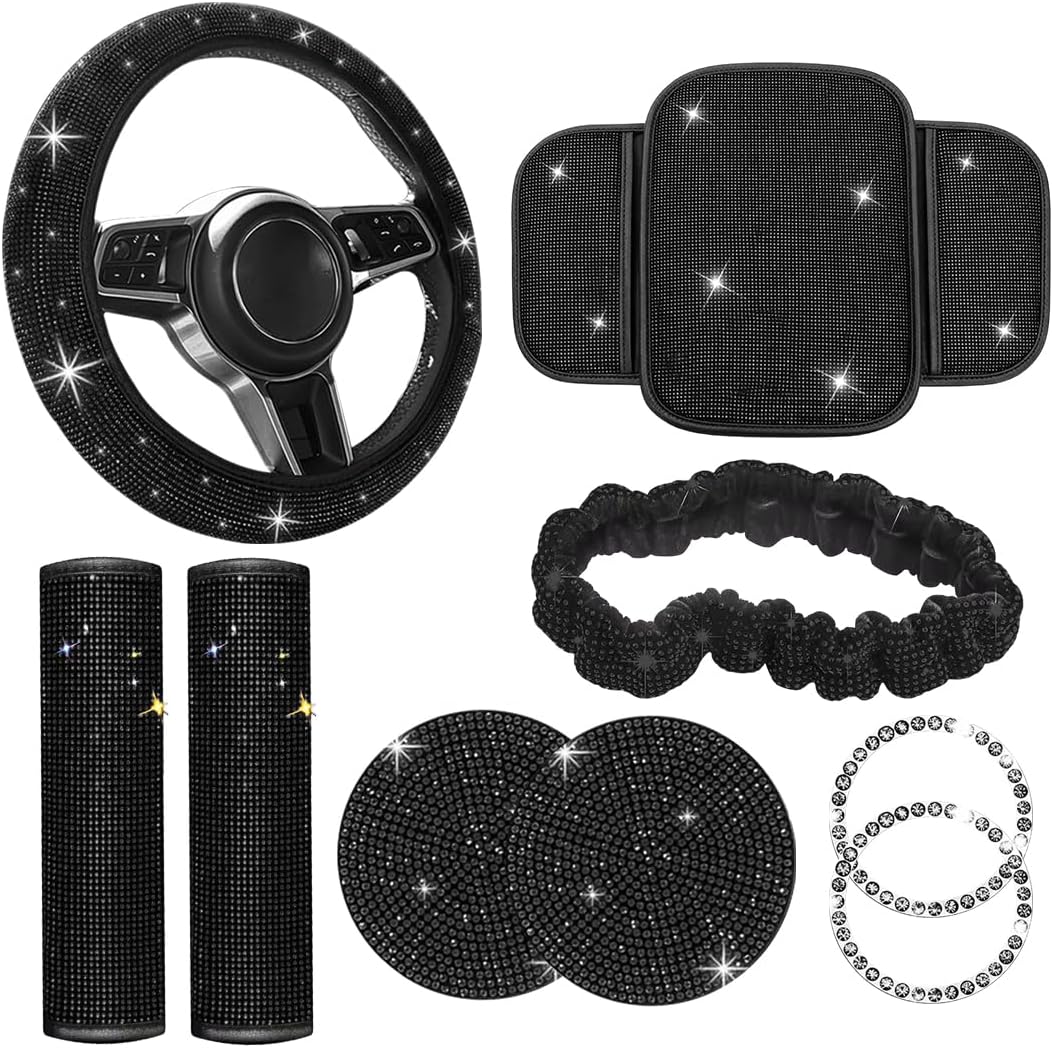 9PCS Bling Car Accessories Set, Sparkly Rhinestones, Black