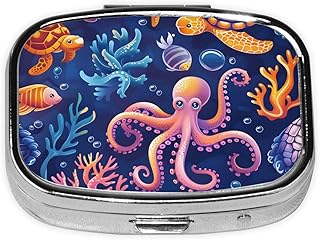 Ocean Turtle Octopus Pattern Pill Box with Mirror 2 Compartment Metal Square Small Pill Case for Purse Pocket Portable Pill Container Holder Travel Medicine Organizer for Vitamin Fish Oil Supplement