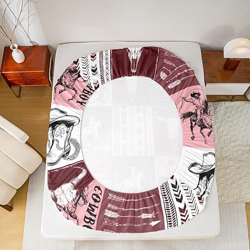 Miniatura 6 de Manfei Sábana bajera ajustable de vaquero, tamaño matrimonial, con 2 fundas de almohada, juego de ropa de cama de retazos de celosía burdeos, 3