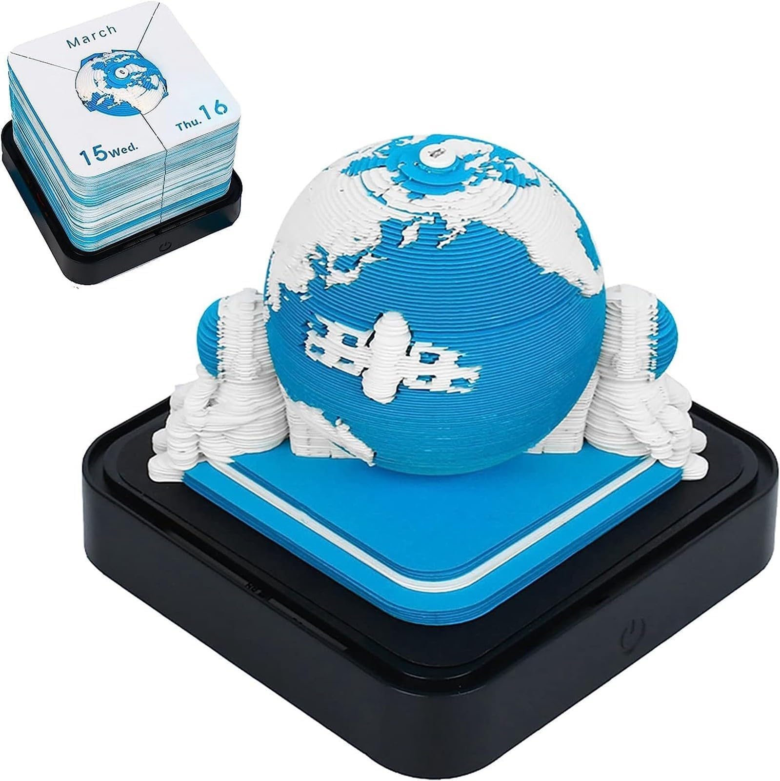 FROON2024 3D Desk Note Time Piece Calendar with LEC Light, DIY Globe Calendar Ornament Creative Paper Sculpture Memo Pad 3D Art, Desk Paper Carving Craft for School Home Office (Color : Blue)