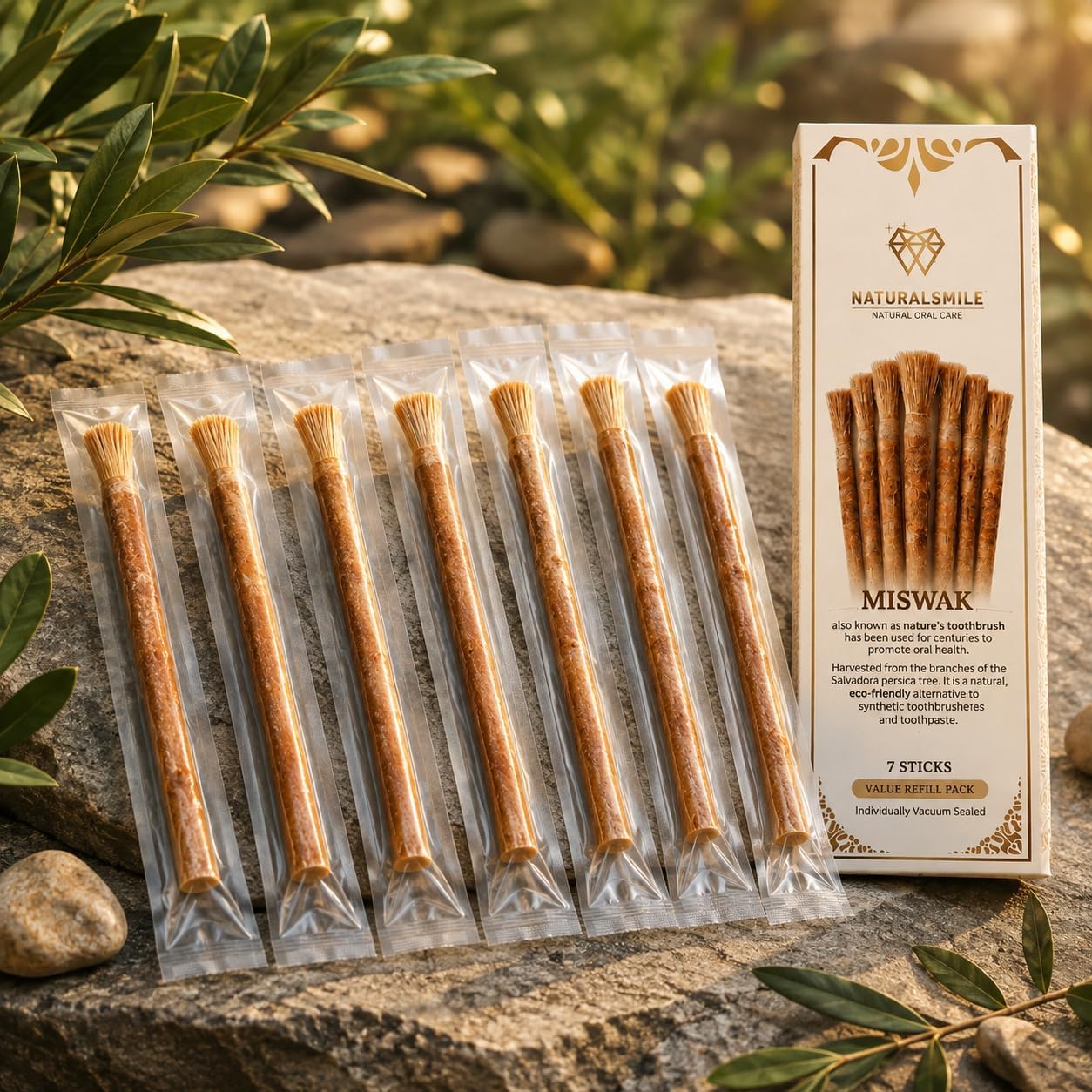 Natural Smile Miswak Sticks for Teeth (7-Pack) – Natural Siwak Toothbrush Sticks, Individually Vacuum Sealed, No Toothpaste Needed, Value Refill Pack image 2