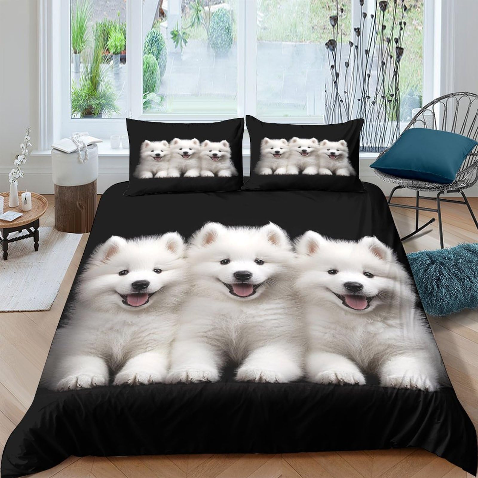 XFKLYNVCJ 3D Printed cute white puppies Bedding Cover Durable Fabric adorable fluffy dog Quilt Cover Soft Comfortable Easy Care Family Home Bedroom Use Double（200x200cm）