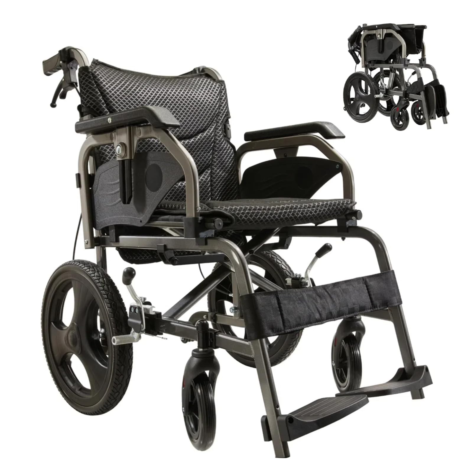 Compact Folding Wheelchair 18 Inch Seat with Height Adjustable Armrests Front and Rear Locking Hand Brakes 15 Inch Airless PU Tires Easy Store Travel, Black+Gray